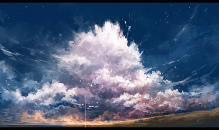 HD anime-style desktop wallpaper showing a vast sky filled with detailed, fluffy clouds over a tranquil horizon. The vibrant sky and expressive clouds create a serene and ethereal atmosphere.