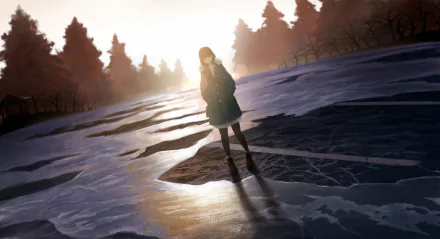 An anime girl stands on a frozen lake during a sunset, with trees silhouetted in the background. The HD wallpaper exudes a serene and contemplative atmosphere.