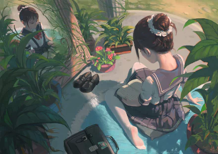 HD anime girl wallpaper of a serene garden scene, featuring a girl in a school uniform sitting among lush plants and colorful flowers with soft natural lighting.