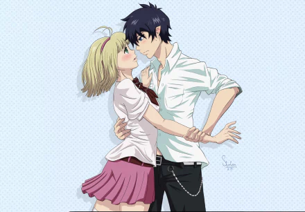 HD anime desktop wallpaper of Blue Exorcist's Rin Okumura and Shiemi Moriyama: black-haired Rin with blue eyes and pointed ears embraces blushing blonde Shiemi, green eyes, wearing a skirt.