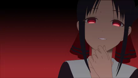 HD desktop wallpaper featuring Kaguya Shinomiya from the anime Kaguya-sama: Love is War, showcasing her with a confident expression against a dark red gradient background.