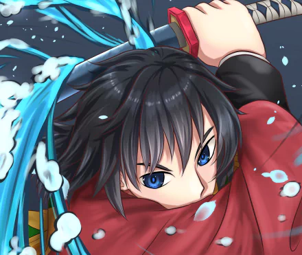 HD PC desktop wallpaper featuring Giyuu Tomioka from the anime Demon Slayer: Kimetsu no Yaiba in a dynamic, water-themed action pose.