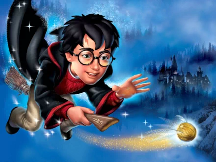 HD PC desktop wallpaper of Harry Potter flying on a broomstick, reaching for the golden snitch, from the video game Harry Potter And The Sorcerer's Stone.