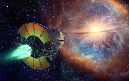 HD PC desktop wallpaper featuring a Sci Fi spaceship traveling through vibrant space toward a bright, glowing star amid colorful cosmic clouds and distant stars.