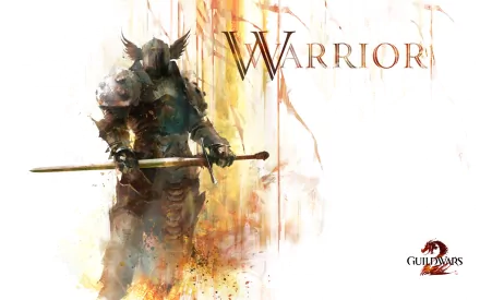 HD desktop wallpaper of a heavily armored warrior wielding a sword from the video game Guild Wars 2, set against a vibrant, abstract background.