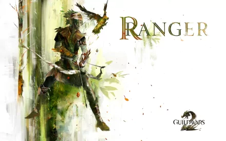 HD PC desktop wallpaper of a Guild Wars 2 Ranger archer poised with a bow, surrounded by a dynamic, painterly forest background.
