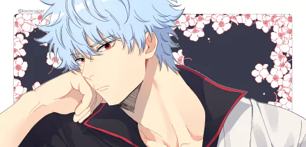 HD PC desktop wallpaper featuring Gintoki Sakata from the anime Gintama, with cherry blossoms in the background and a contemplative expression.