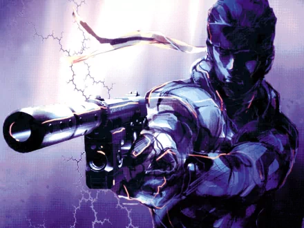 HD desktop wallpaper featuring artwork from the video game Metal Gear, depicting a character in tactical gear aiming a gun with a determined expression against a dynamic, electric background.