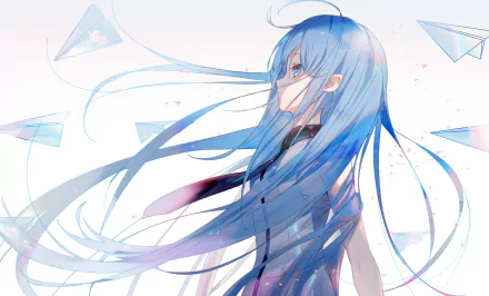 Anime HD wallpaper featuring an original character with long blue hair, blue eyes, and a tie. The background includes floating paper planes.