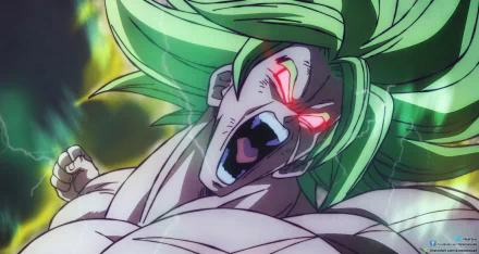 HD PC desktop wallpaper featuring Broly from Dragon Ball Super: Broly in an intense, dynamic anime battle pose with glowing red eyes and green hair.