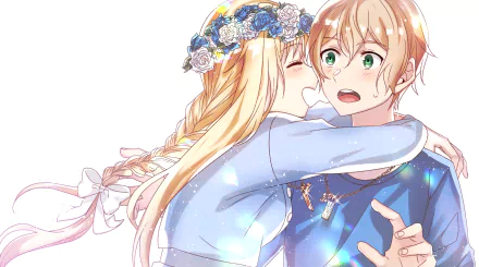 HD anime wallpaper featuring blonde Alice Zuberg with a floral crown embracing surprised green-eyed Eugeo from Sword Art Online: Alicization.