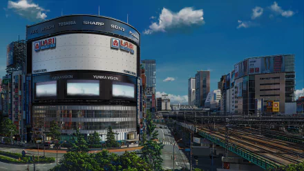 A vibrant cityscape inspired by anime Your Name, featuring detailed buildings and a train track under a blue sky, presented in stunning 8K Ultra HD resolution.