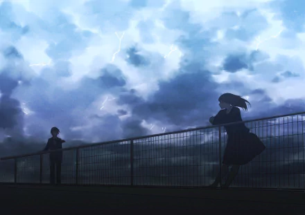 HD anime-style desktop wallpaper featuring two silhouetted figures on a fence under a stormy sky with lightning, showcasing original artwork.