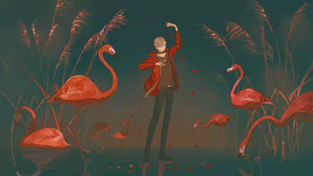 Anime original HD PC wallpaper: short brown-haired person in a red scarf stands in shallow water surrounded by pink flamingos and reeds against a moody teal background.