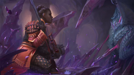 A fierce woman warrior hunter with a rifle crouches in a mystical, crystalline cavern facing a large, menacing creature in this HD fantasy desktop wallpaper.