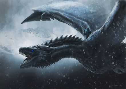 HD wallpaper featuring the Night King riding a dragon from the TV show Game of Thrones, set against a stormy backdrop.