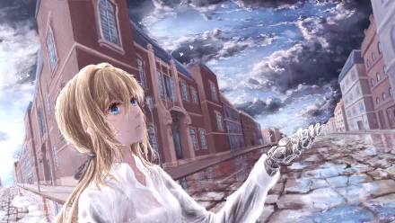HD PC desktop wallpaper featuring Violet Evergarden from the anime, standing by a canal with historic buildings and a dramatic cloudy sky in the background.