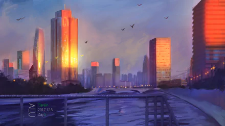 A serene anime-inspired cityscape at dusk, featuring skyscrapers reflecting warm hues, with a river in the foreground and birds flying in the sky. HD wallpaper and background.