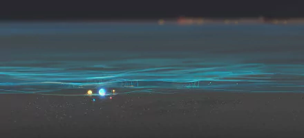 Anime-style night scene featuring a calm sea with glowing orbs reflecting on the shallow waves; HD desktop wallpaper and background.