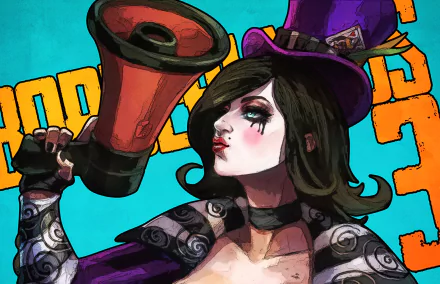 HD PC wallpaper of Mad Moxxi from Borderlands 3: stylized portrait in a purple top hat holding a megaphone, heavy makeup and ornate sleeve tattoos on a cyan-orange backdrop.