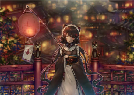 HD anime wallpaper of Nijisanji Virtual YouTuber Inui Toko with heterochromia, holding a lantern against a vibrant night festival backdrop.