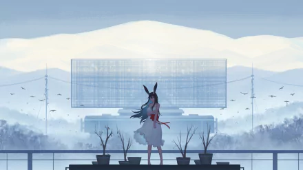Anime-style original HD desktop wallpaper featuring a girl with rabbit ears standing on a balcony overlooking a misty landscape with hills and sparse trees.