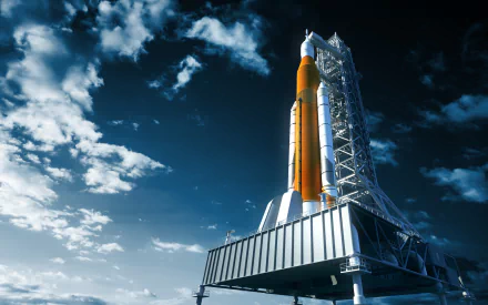 HD PC desktop wallpaper/background of a man-made rocket on a launchpad beneath dramatic clouds, low-angle view emphasizing scale and launch readiness.