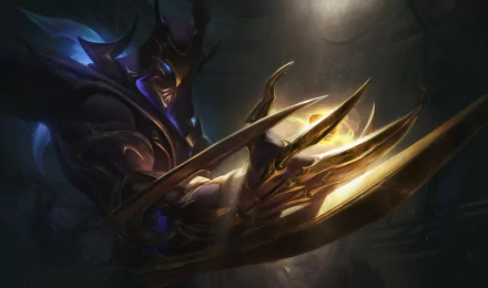 HD PC desktop wallpaper featuring Zed, a character from the video game League of Legends, poised in a dark, dramatic scene with glowing blades.