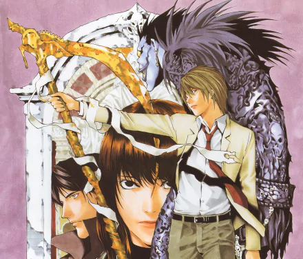 HD anime wallpaper featuring Light Yagami, Ryuk, Naomi Misora, and Stephen Gevanni from Death Note, showcasing dynamic poses and intricate character details.