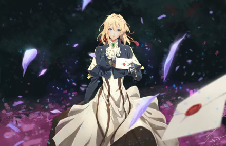 Violet Evergarden from the anime, depicted in an 8K Ultra HD wallpaper, holding a letter surrounded by floating petals and letters.