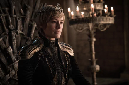 Cersei Lannister, portrayed by Lena Headey in Game of Thrones, sits regally in a dimly lit chamber, captured in stunning 8K Ultra HD wallpaper quality.