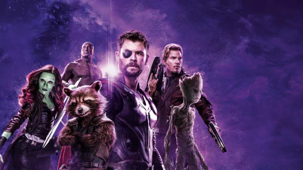 8K Ultra HD desktop wallpaper featuring Avengers: Infinity War characters including Thor, Star-Lord, Gamora, Drax, Rocket Raccoon, Groot, and others.