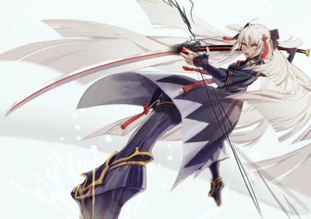 HD PC desktop wallpaper featuring Okita Souji from the anime Fate/Grand Order in dynamic action pose with flowing white hair and sword.