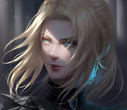 HD anime-style original artwork of a blonde character with glowing blue eyes, featuring detailed shading and lighting, designed as a PC desktop wallpaper.