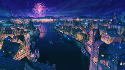 Anime-style HD wallpaper of a vibrant cityscape at night, featuring a river, bridge, boats, and spectacular fireworks under a starry sky.