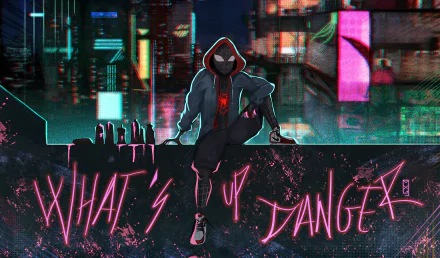 HD desktop wallpaper featuring Miles Morales as Spider-Man from the movie Spider-Man: Into The Spider-Verse, standing against a graffiti backdrop with the words What's Up Danger in neon pink.