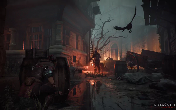 HD desktop wallpaper of Amicia de Rune from A Plague Tale: Innocence, hiding by a barrel in a dim, eerie street.