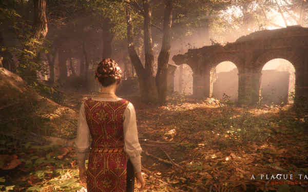 HD wallpaper featuring Amicia de Rune from A Plague Tale: Innocence, standing in a sunlight-dappled forest facing old stone arches.