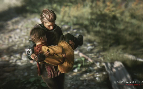 HD wallpaper featuring Amicia de Rune carrying her brother Hugo de Rune from the game A Plague Tale: Innocence.