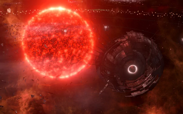 HD Stellaris desktop wallpaper featuring a space station orbiting a vibrant red star.