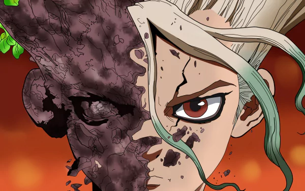 HD wallpaper featuring Senku Ishigami from the anime Dr. Stone. The image depicts a dramatic close-up of Senku's face, half of which is covered in stone. The background is a dynamic red-orange gradient.