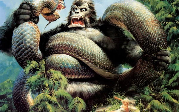 A striking HD wallpaper featuring King Kong battling a giant snake amidst lush greenery, capturing the intensity of a classic comic scene.