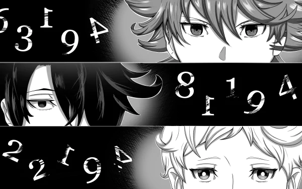 HD desktop wallpaper of The Promised Neverland anime featuring Ray, Norman, and Emma in black and white, with numbers in the background.