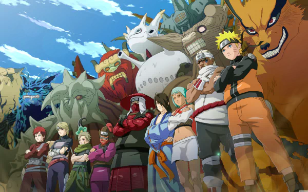 A vibrant HD desktop wallpaper featuring characters from Naruto including Shukaku, Killer Bee, Isobu, Yagura, Roshi, Han, Kokuô, Gyûki, Utakata, Son Gokû, Gaara, Kurama, Naruto Uzumaki, and the Jinchūriki.