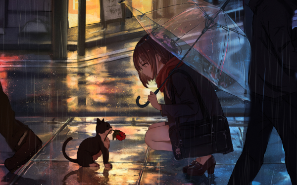 Anime Original Rain Cat Kitten Umbrella HD Wallpaper | Background Image