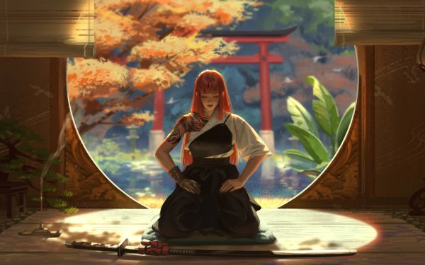 Fantasy Women Warrior Woman Warrior Sword Tattoo Oriental Pink Hair HD Wallpaper | Background Image