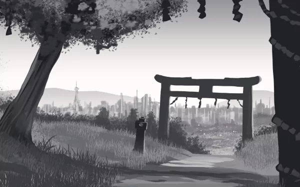 HD anime PC wallpaper featuring a serene shrine scene with a torii gate, a figure standing beneath it, and a distant cityscape under a cloudy sky.
