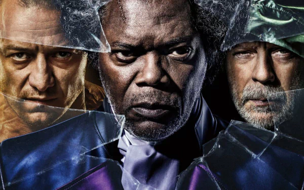 HD PC wallpaper featuring Samuel L. Jackson, Bruce Willis, and James McAvoy from the movie Glass with a shattered glass effect.