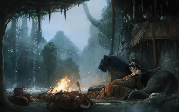 HD wallpaper of a woman warrior and a panther beside a campfire in a rainy jungle, evoking a sense of fantasy and adventure.