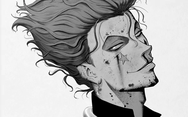 HD desktop wallpaper featuring a monochrome portrait of Hisoka from Hunter x Hunter with a detailed, artistic rendition of his face and flowing hair.
